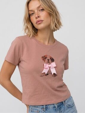 Sugar Moon Dog Graphic Crop T-Shirt in Dusty Rose with Pink Bow